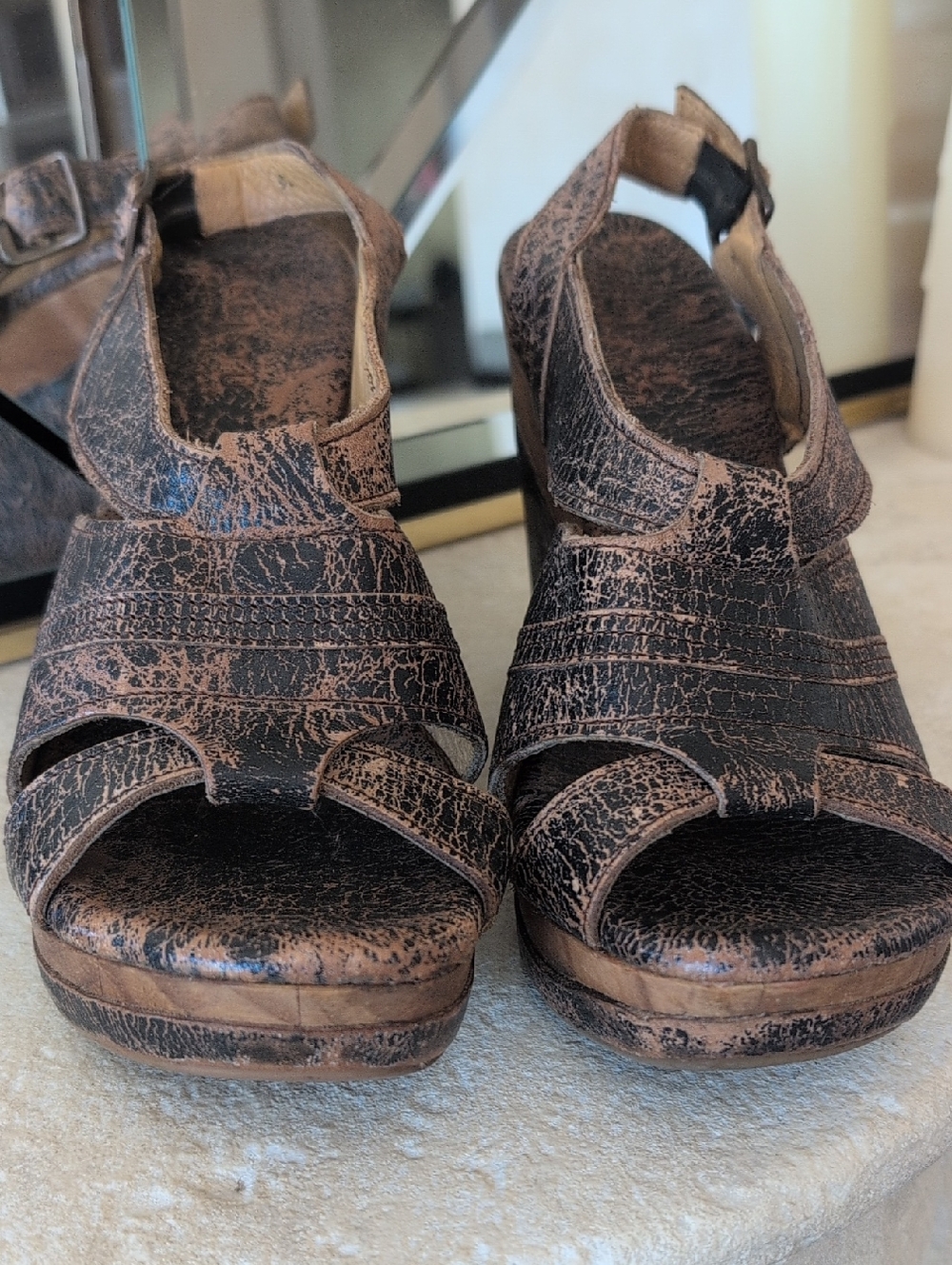 BED|STU Gayle Distressed Black and Tan Leather Wedge Sandals